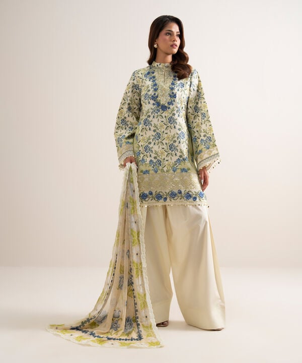 3 Piece - Embroidered Zari Cotton Suit