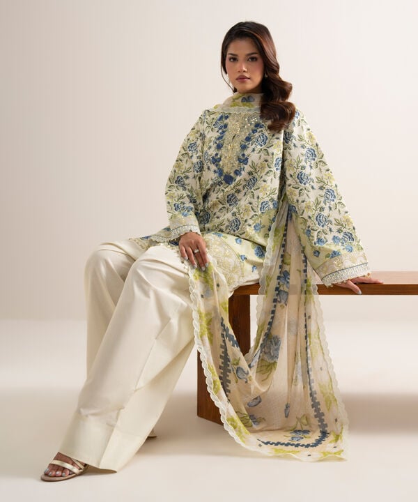 3 Piece - Embroidered Zari Cotton Suit