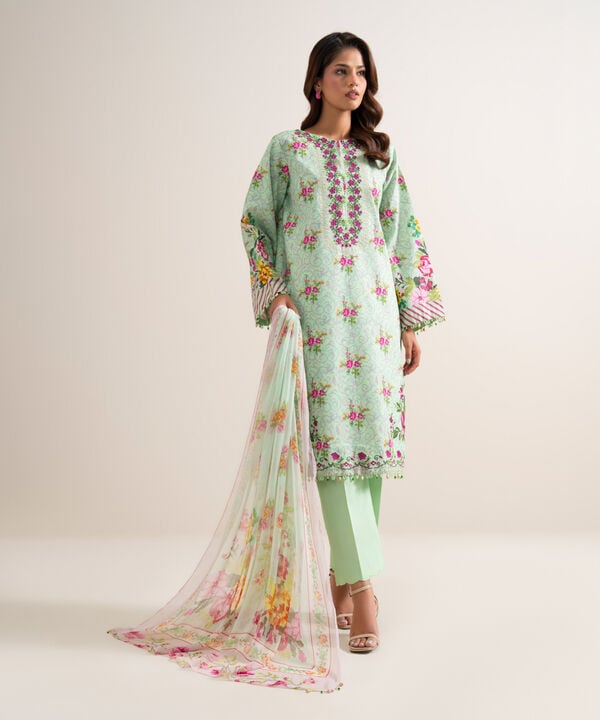 3 Piece - Embroidered Zari Cotton Suit