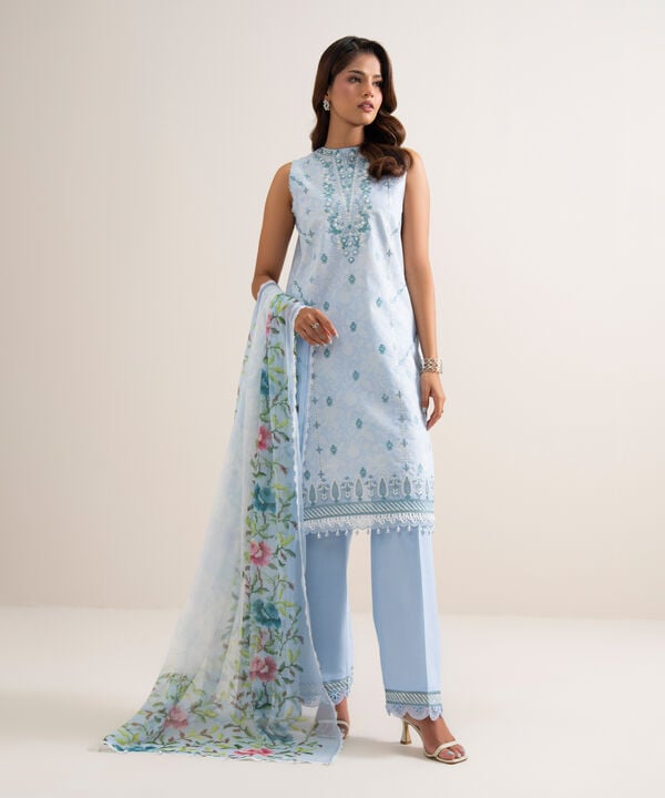 3 Piece - Embroidered Zari Cotton Suit