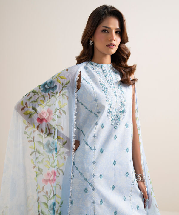 3 Piece - Embroidered Zari Cotton Suit