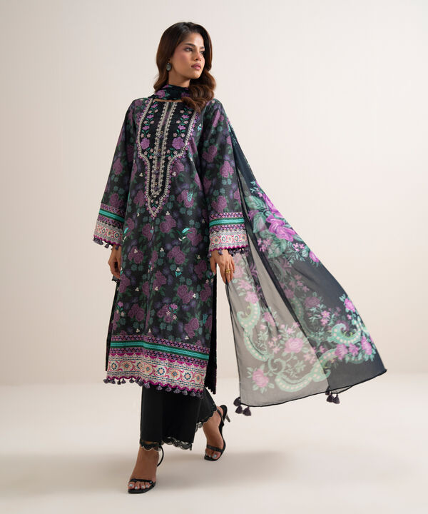 3 Piece - Embroidered Zari Cotton Suit
