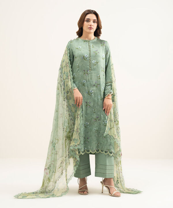 3 Piece - Embroidered Satin Suit
