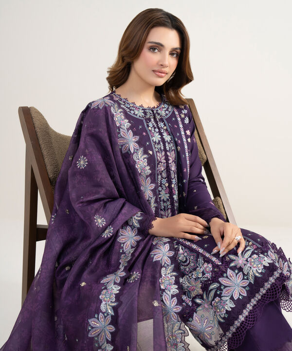3 Piece - Embroidered Cotton Satin Suit