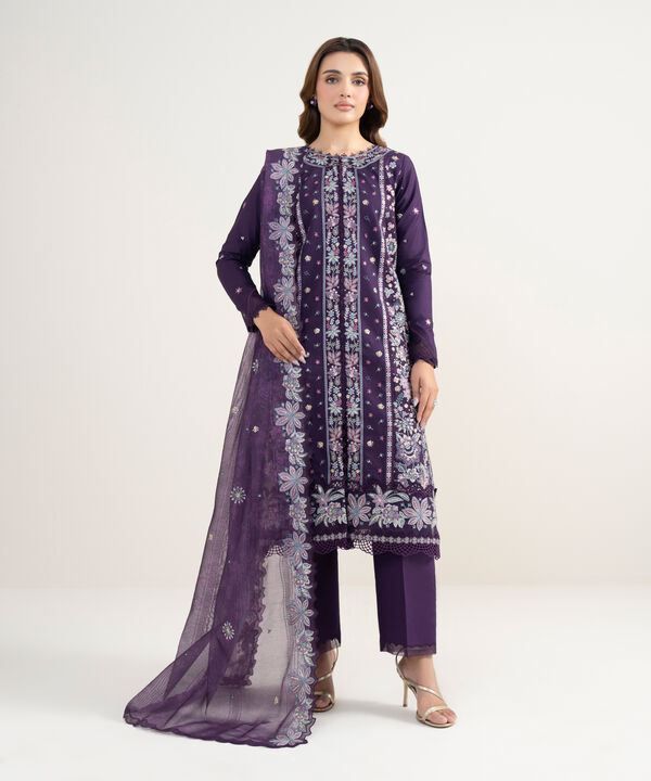 3 Piece - Embroidered Cotton Satin Suit