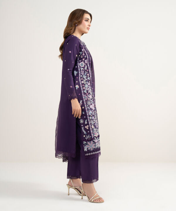 3 Piece - Embroidered Cotton Satin Suit