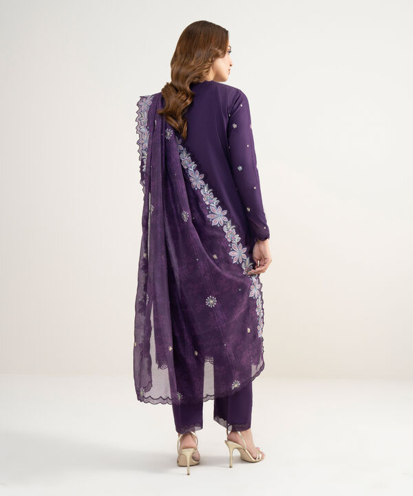 3 Piece - Embroidered Cotton Satin Suit
