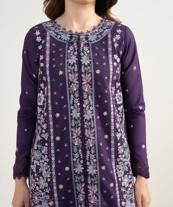 3 Piece - Embroidered Cotton Satin Suit