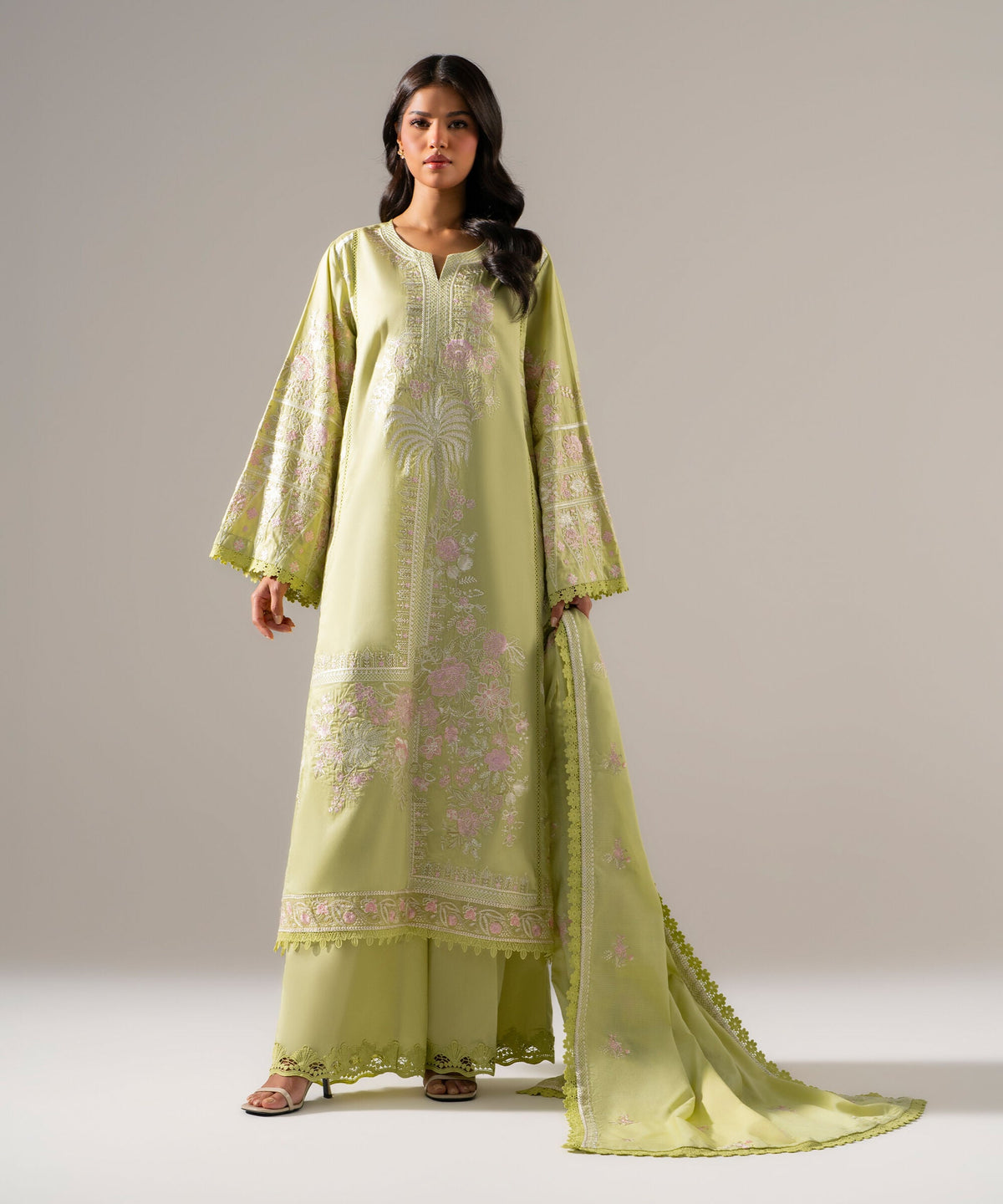 3 Piece - Embroidered Cotton Satin Suit PEW26WMV1011