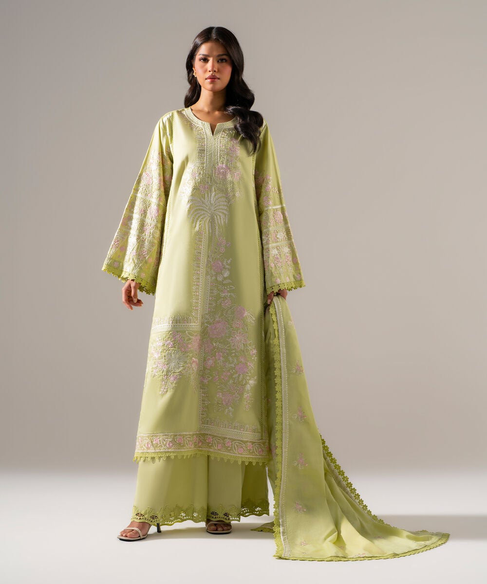 3 Piece - Embroidered Cotton Satin Suit PEW26WMV1011
