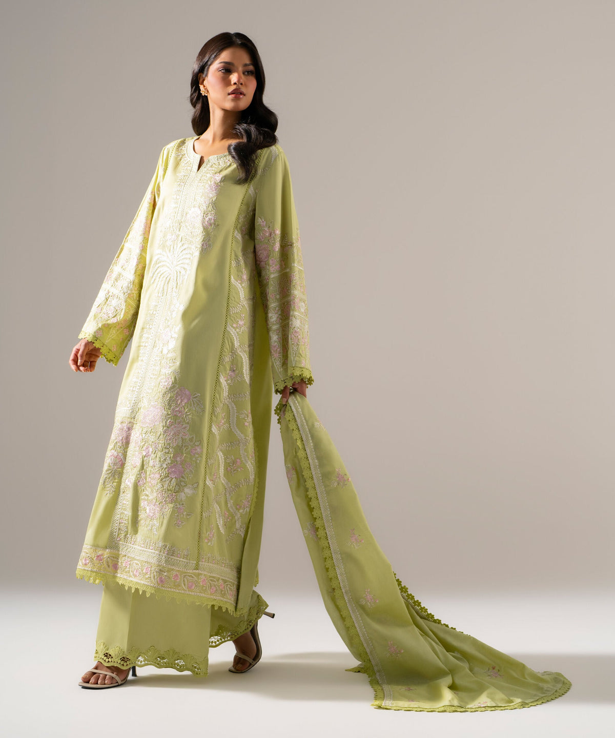 3 Piece - Embroidered Cotton Satin Suit PEW26WMV1011