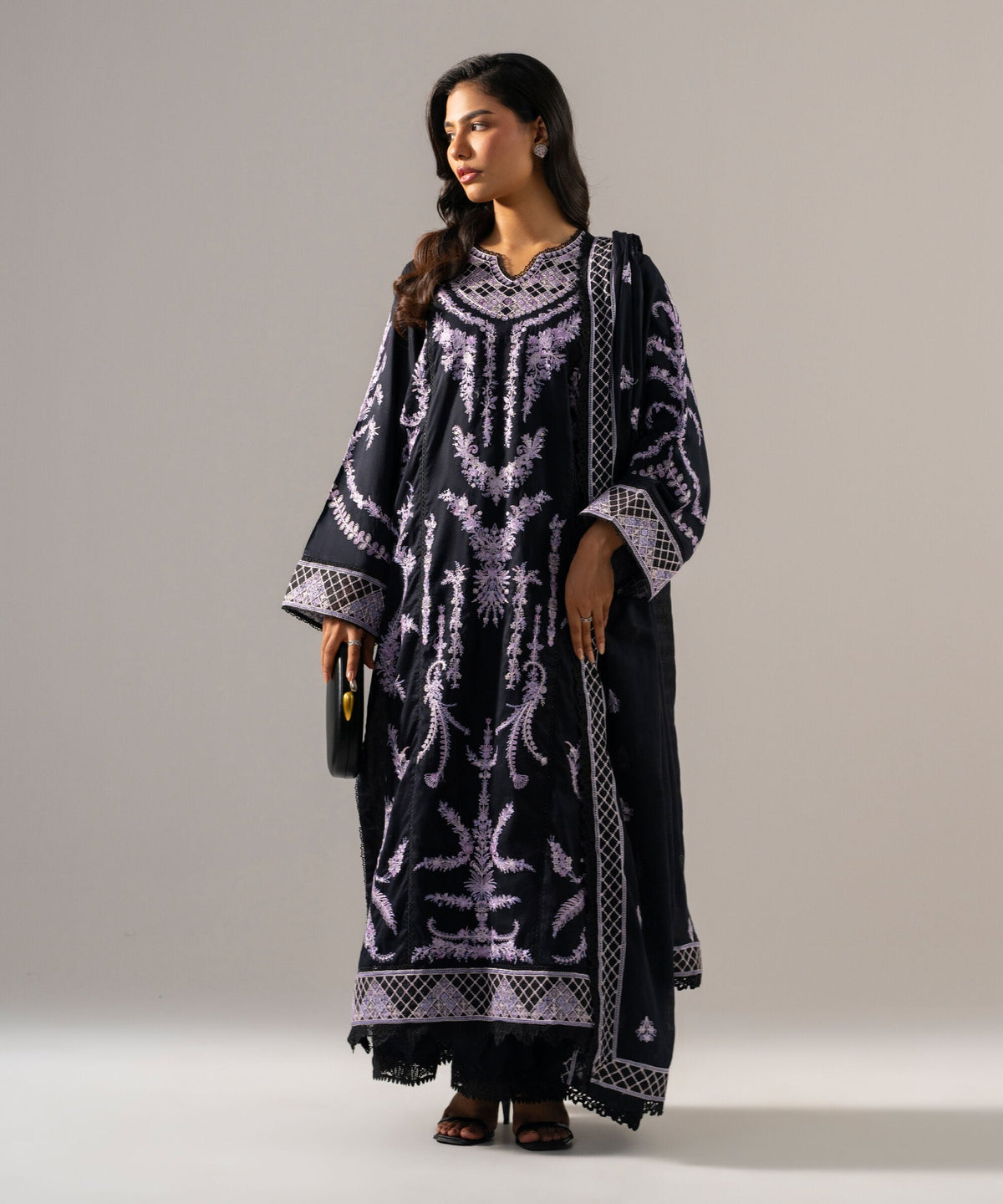 3 Piece - Embroidered Cotton Satin Suit PEW26WMV1012