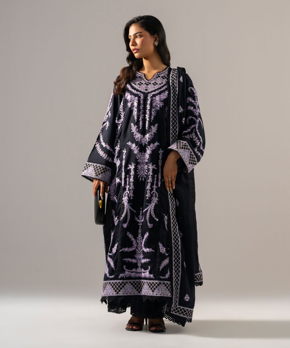 3 Piece - Embroidered Cotton Satin Suit PEW26WMV1012