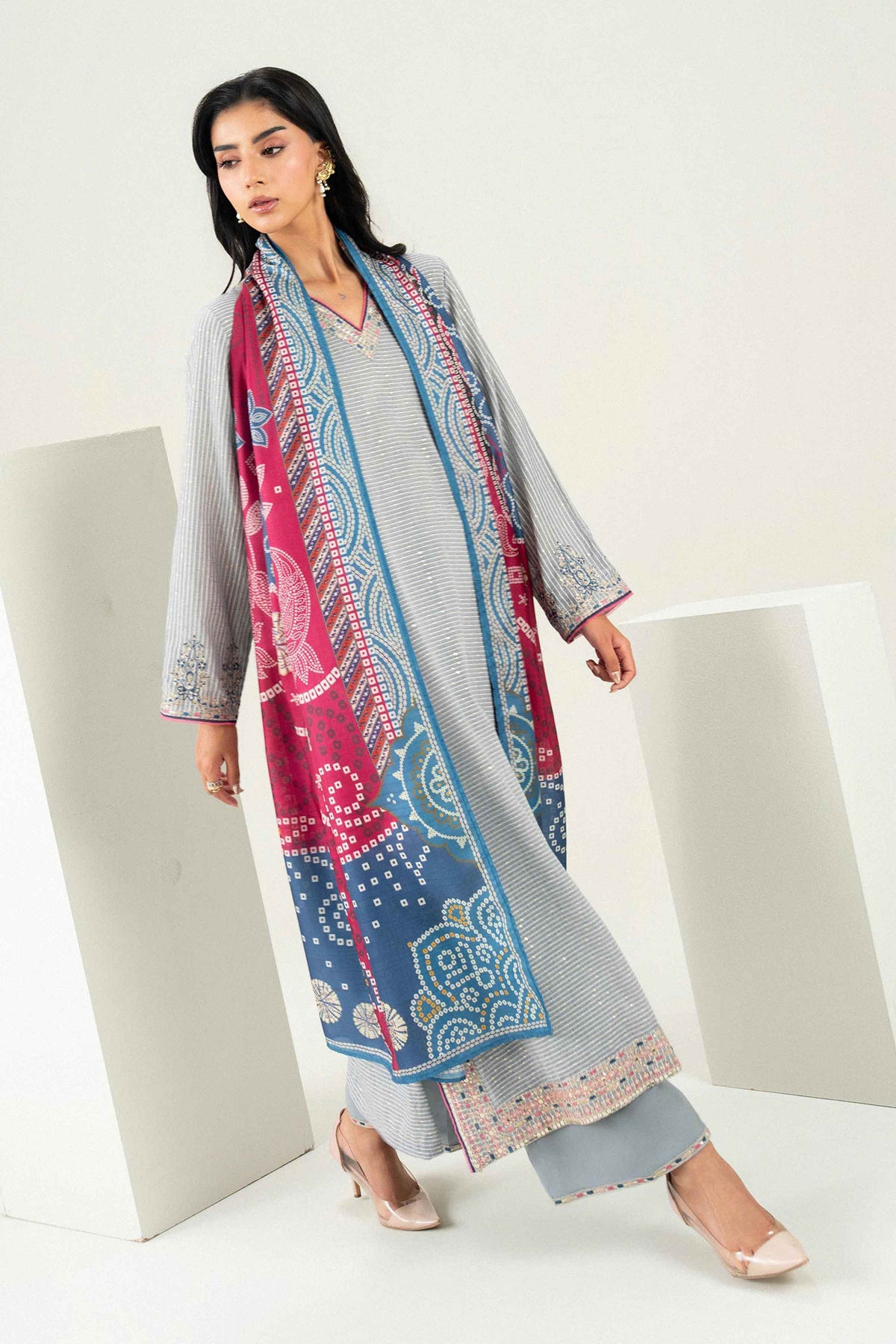 3 Piece - Printed Embroidered Suit - PFE26-46