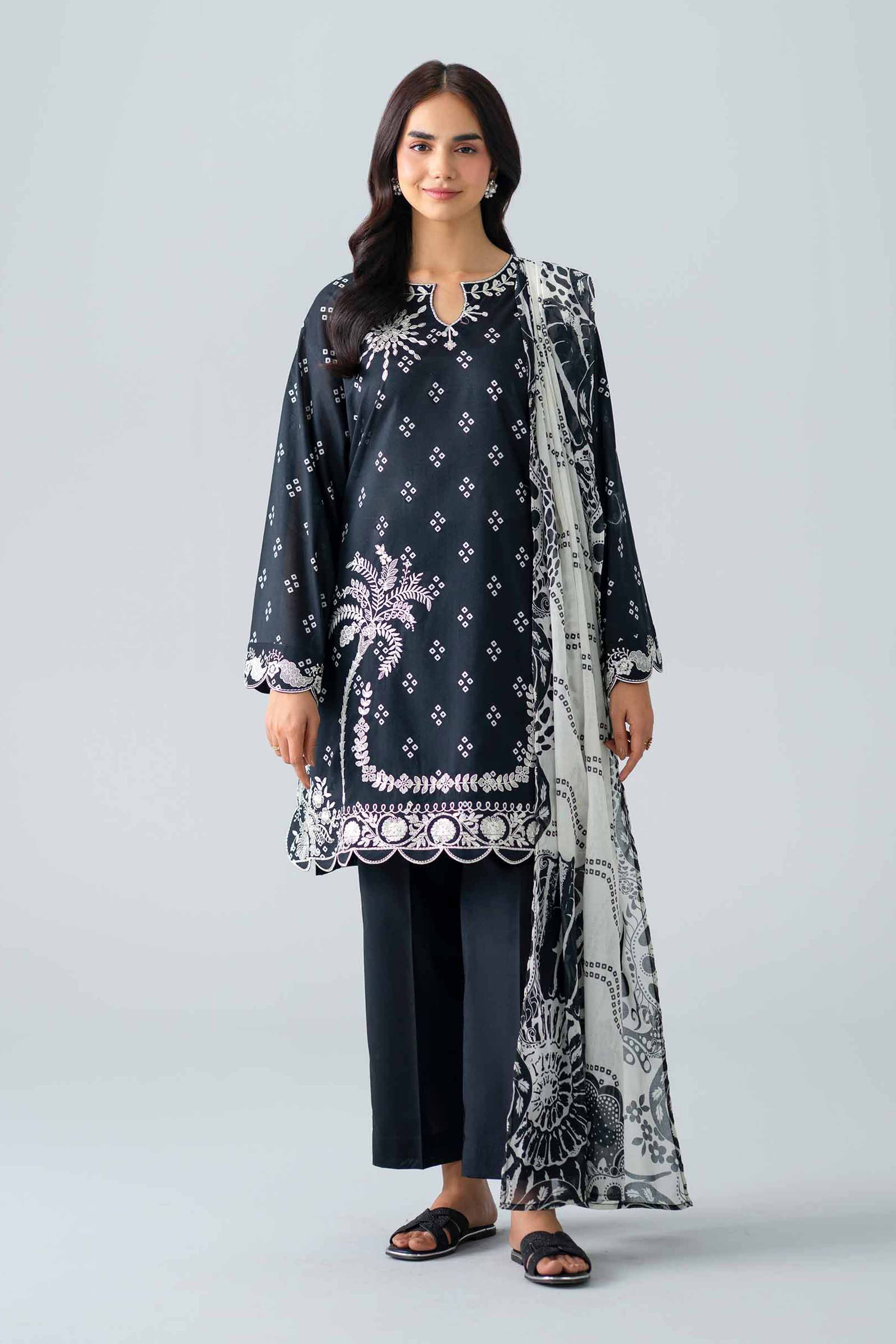3 Piece - Printed Embroidered Suit - Pms26-06