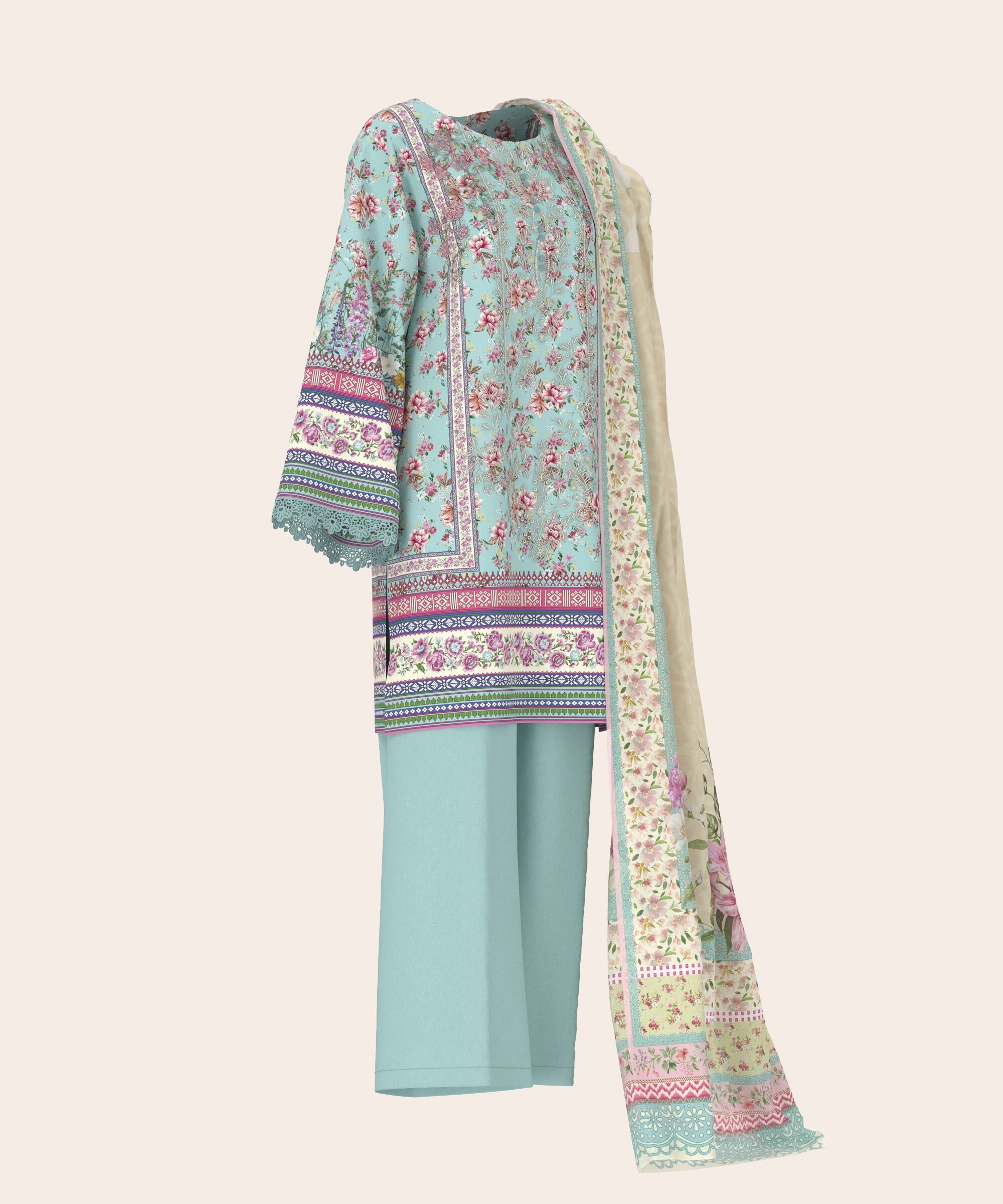 3 Piece - Digital Printed Embroidered Fine Lawn Suit