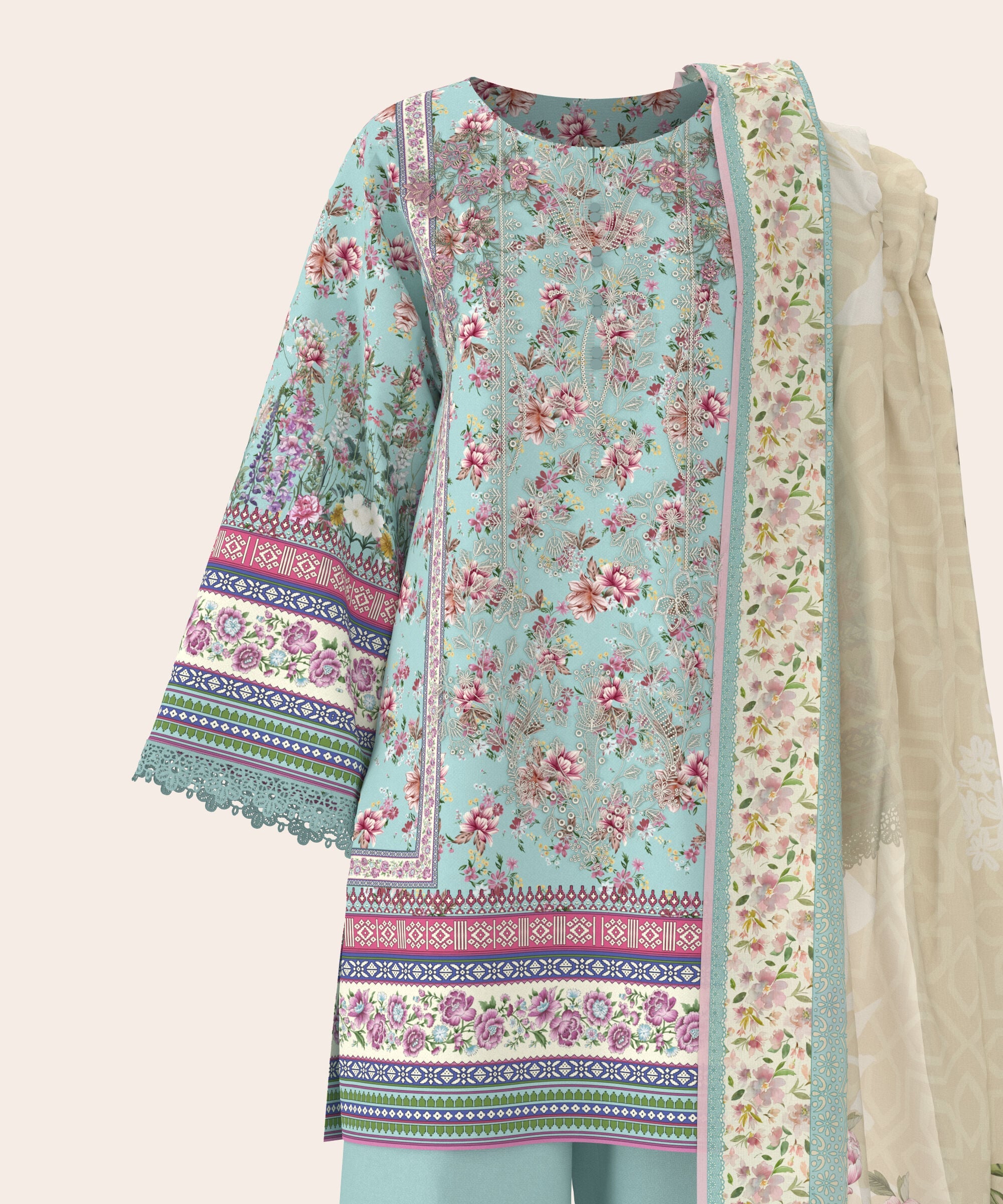 3 Piece - Digital Printed Embroidered Fine Lawn Suit