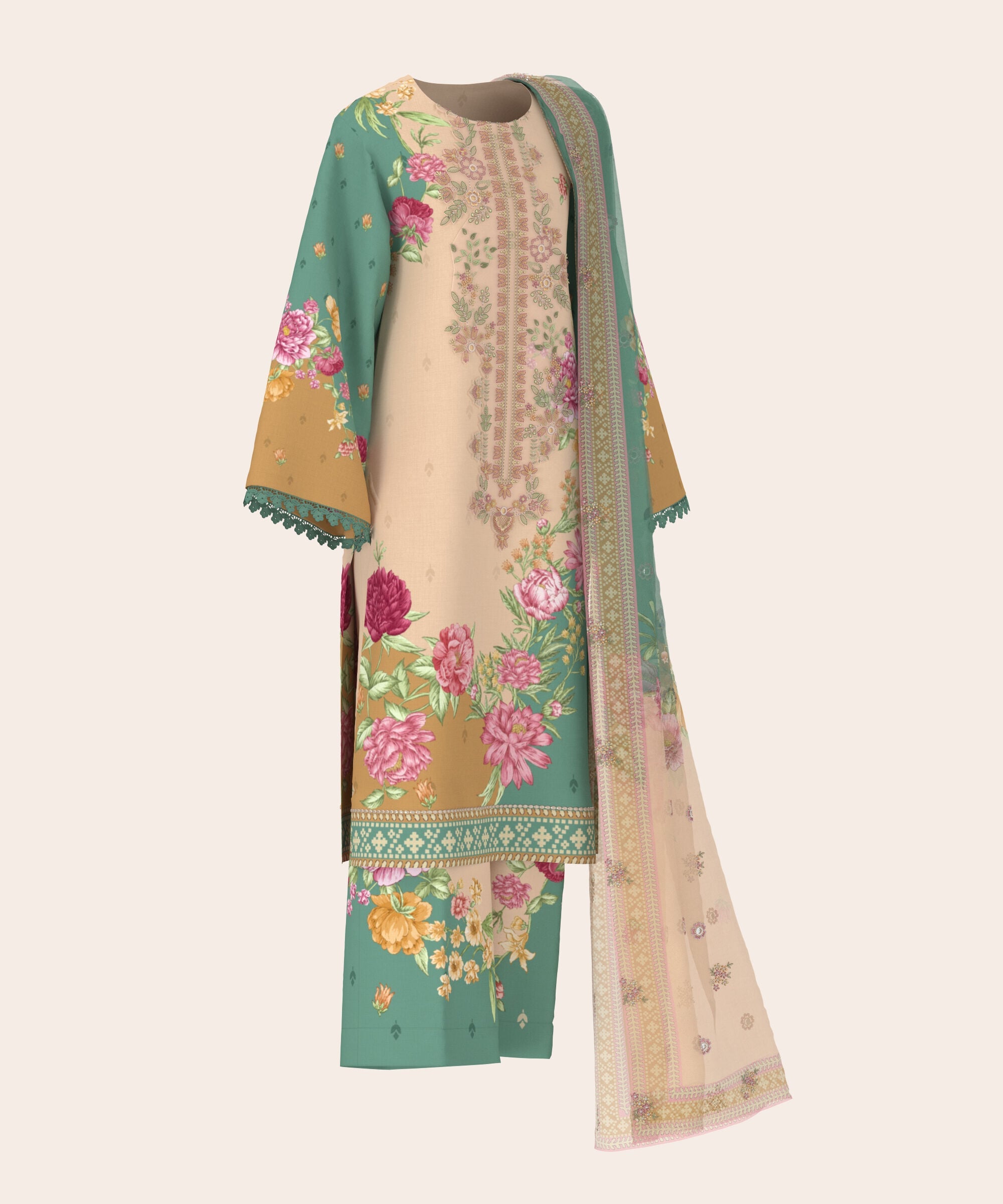 3 Piece - Digital Embroidered Fine Lawn Suit