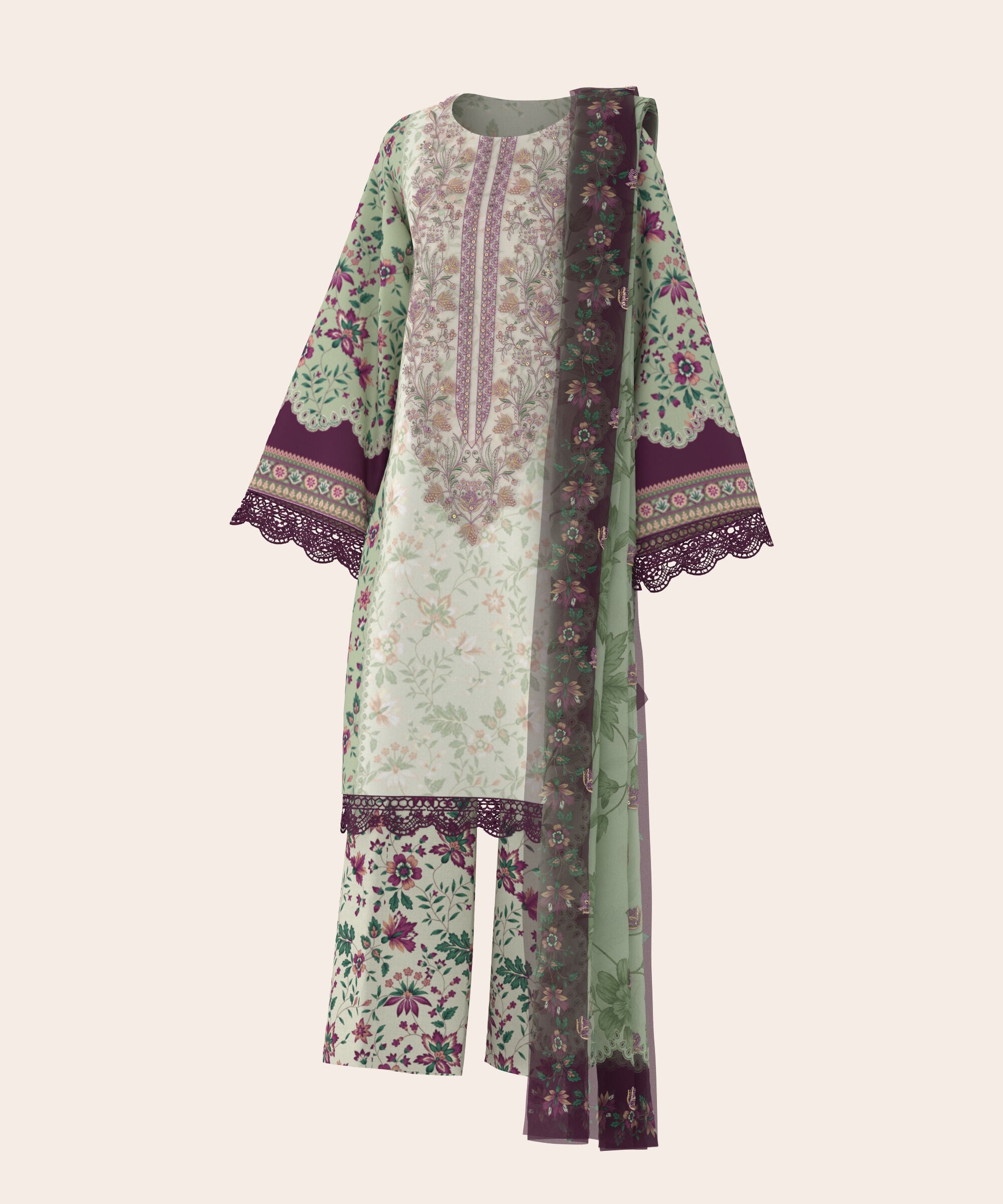 3 Piece - Digital Embroidered Fine Lawn Suit