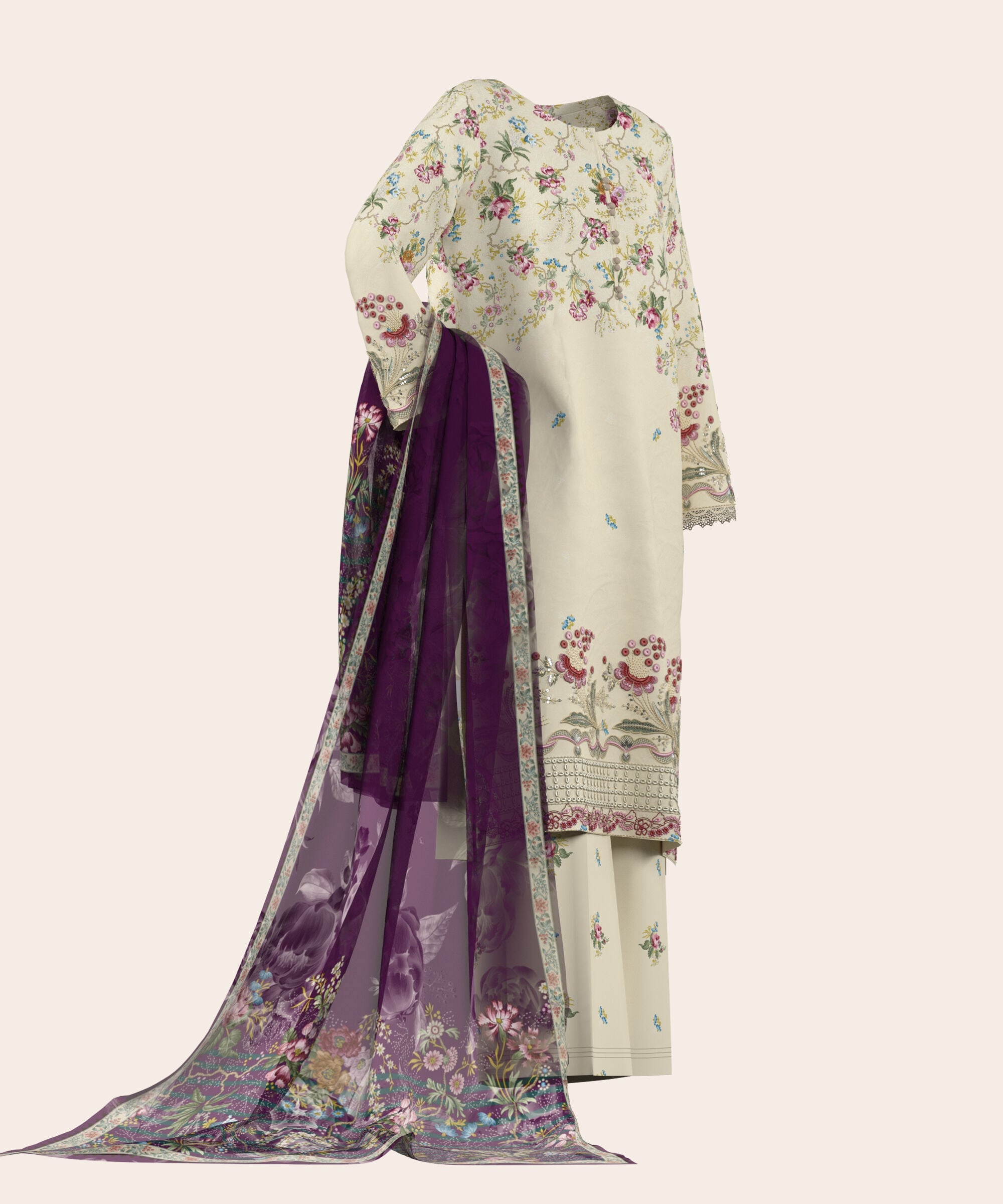 3 Piece - Digital Embroidered Fine Lawn Suit