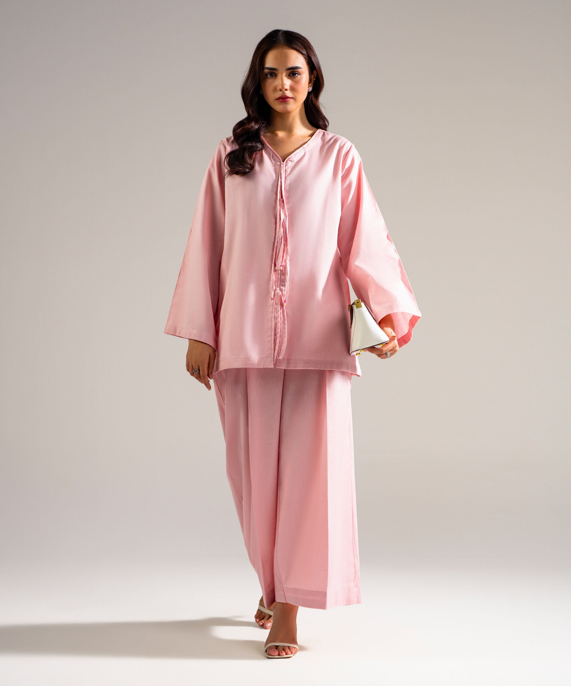 Women's RTW Cotton Linen Solid Pink 2 Piece Suit