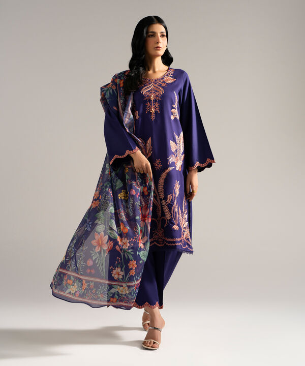 3 Piece - Embroidered Dobby Crepe Suit