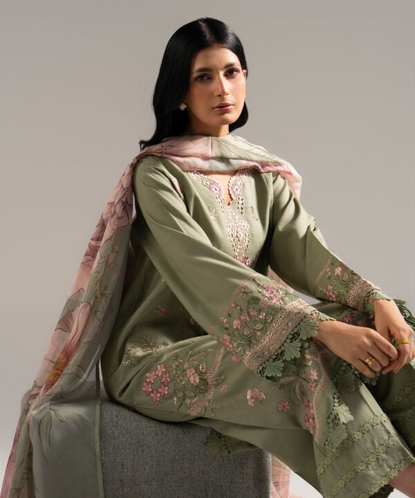 3 Piece - Embroidered Dobby Crepe Suit