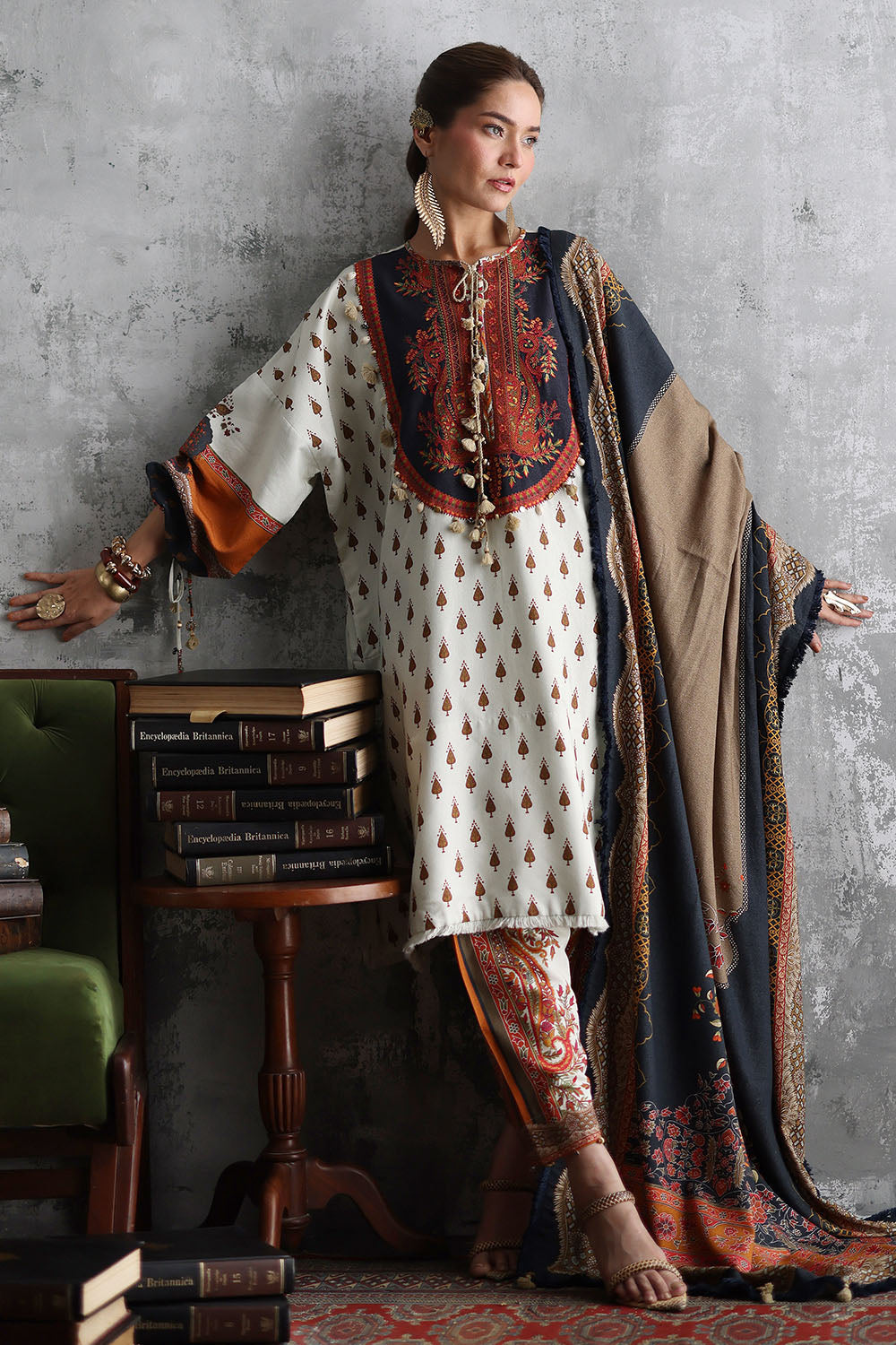 3 Piece Embroidered Printed Karandi Suit with Printed Karandi Dupatta