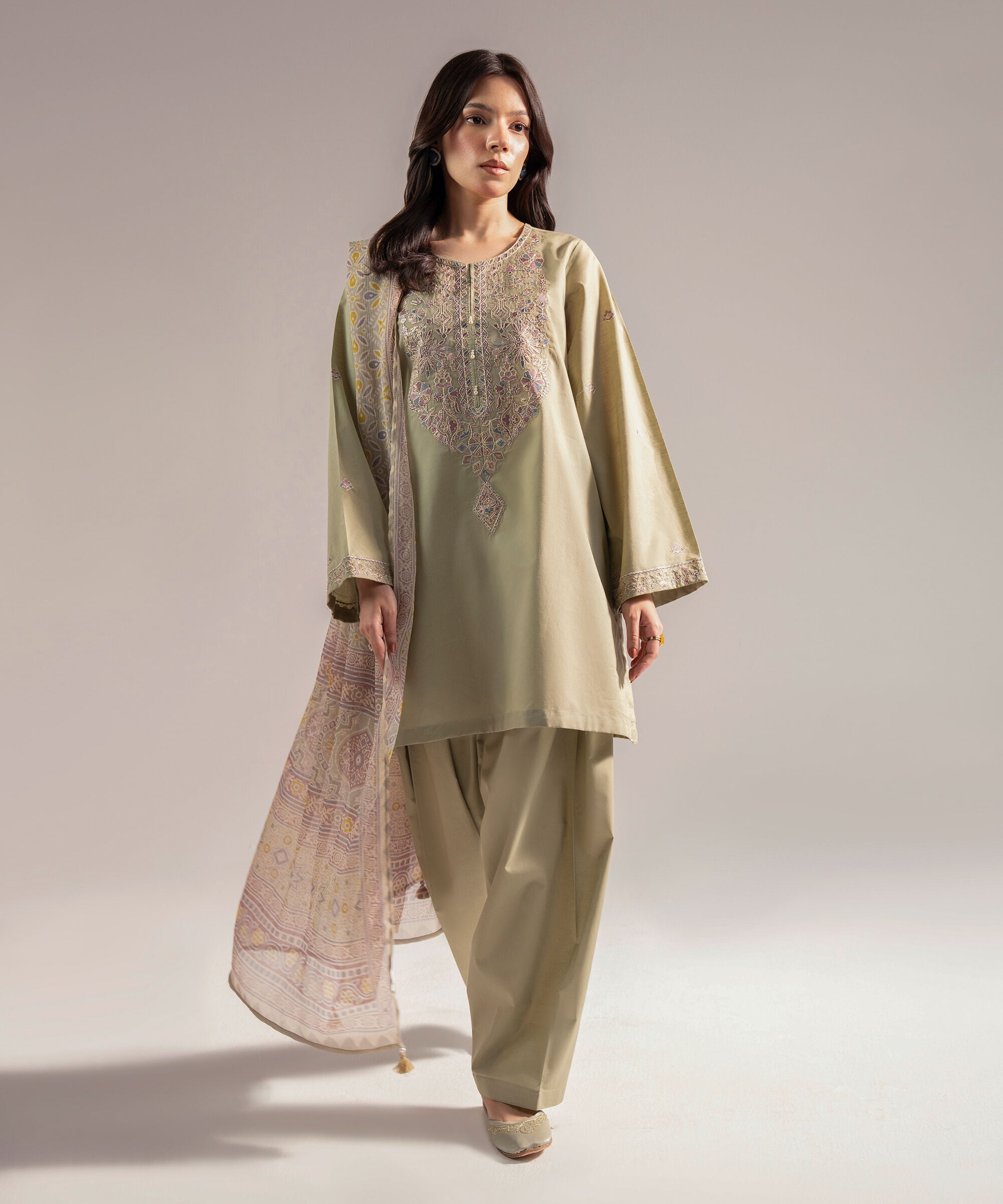 Blended Chiffon Printed Olive Green Dupatta