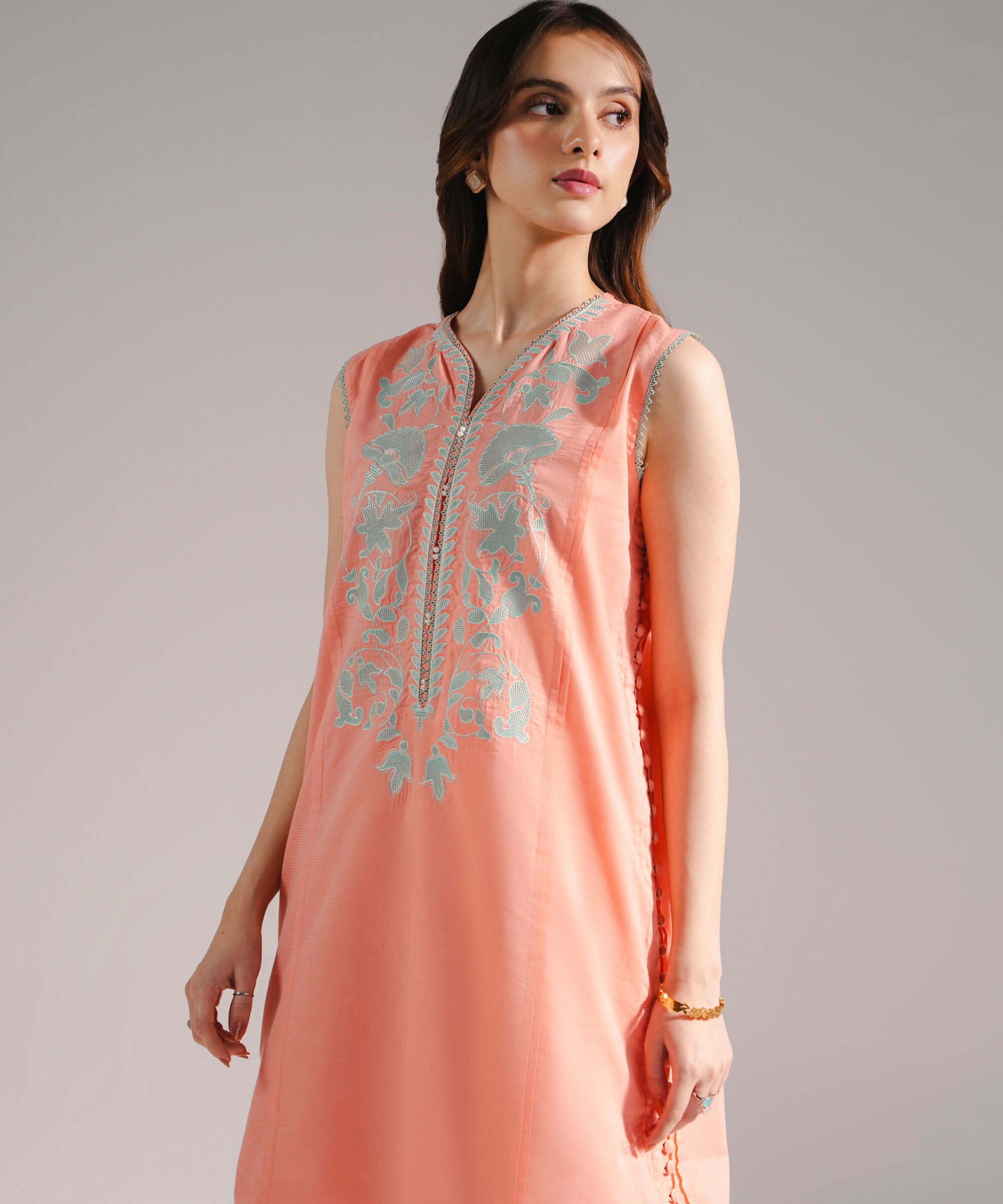 Women's RTW Zari Lawn Embroidered Straight Peach Shirt