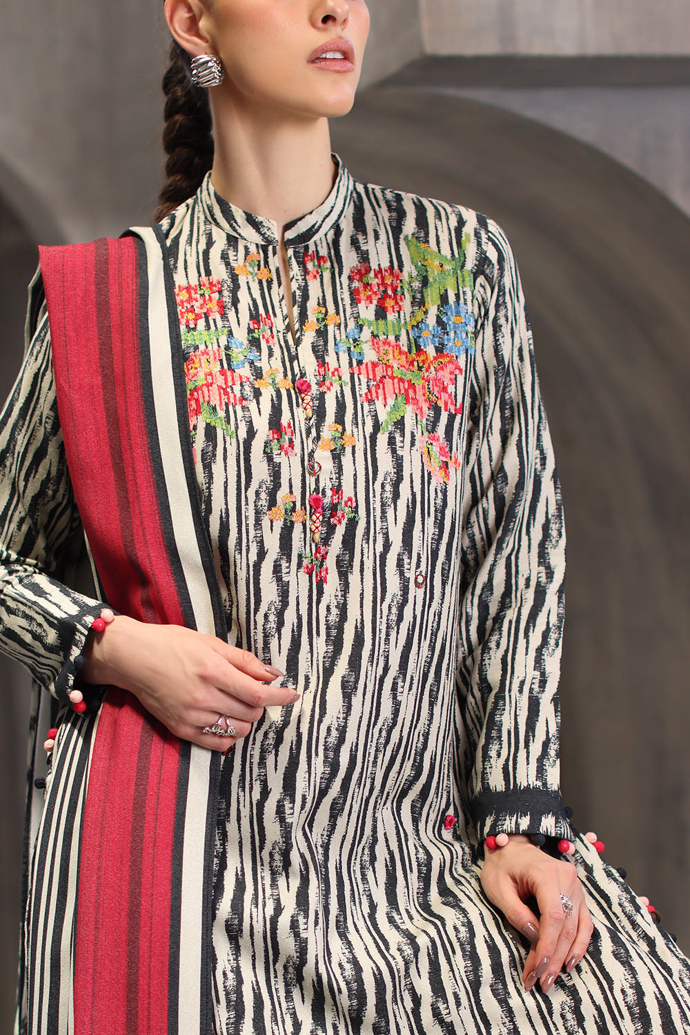3 Piece Embroidered Printed Karandi Suit with Printed Karandi Dupatta