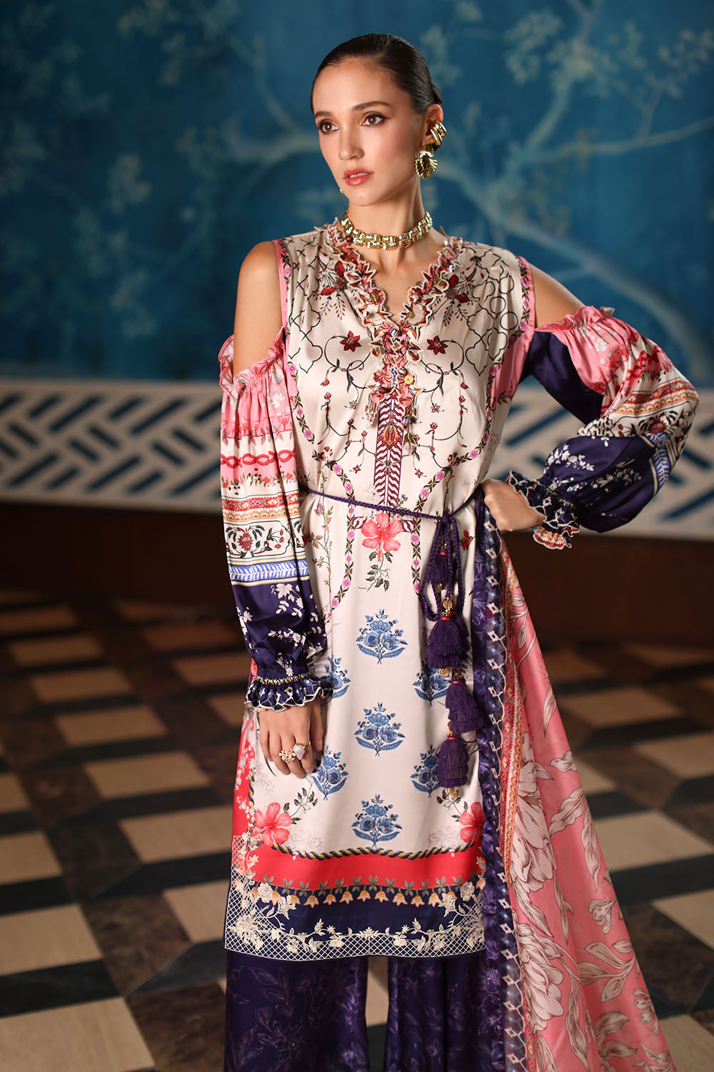 3 Piece Printed Charmeuse Silk Suit with Embroidered Organza Details and Printed Tissue Silk Dupatta