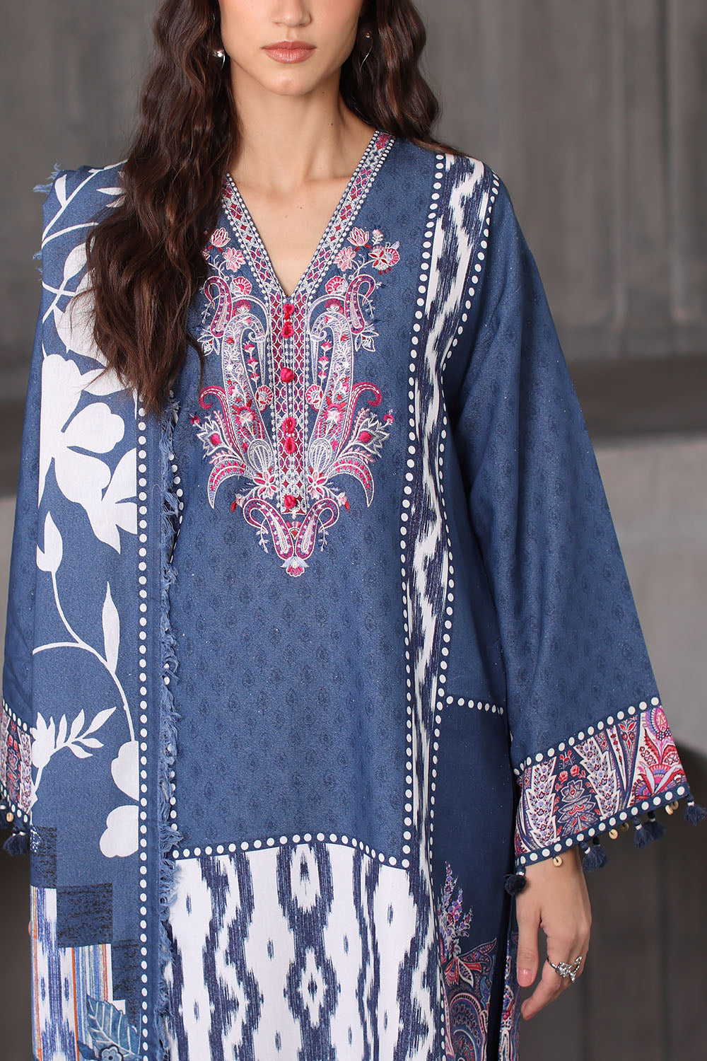 3 Piece Embroidered Printed Karandi Suit with Printed Karandi Dupatta