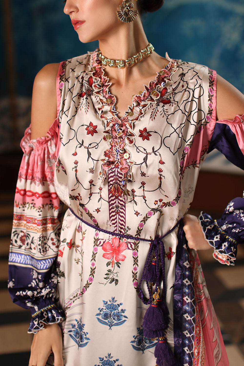 3 Piece Printed Charmeuse Silk Suit with Embroidered Organza Details and Printed Tissue Silk Dupatta
