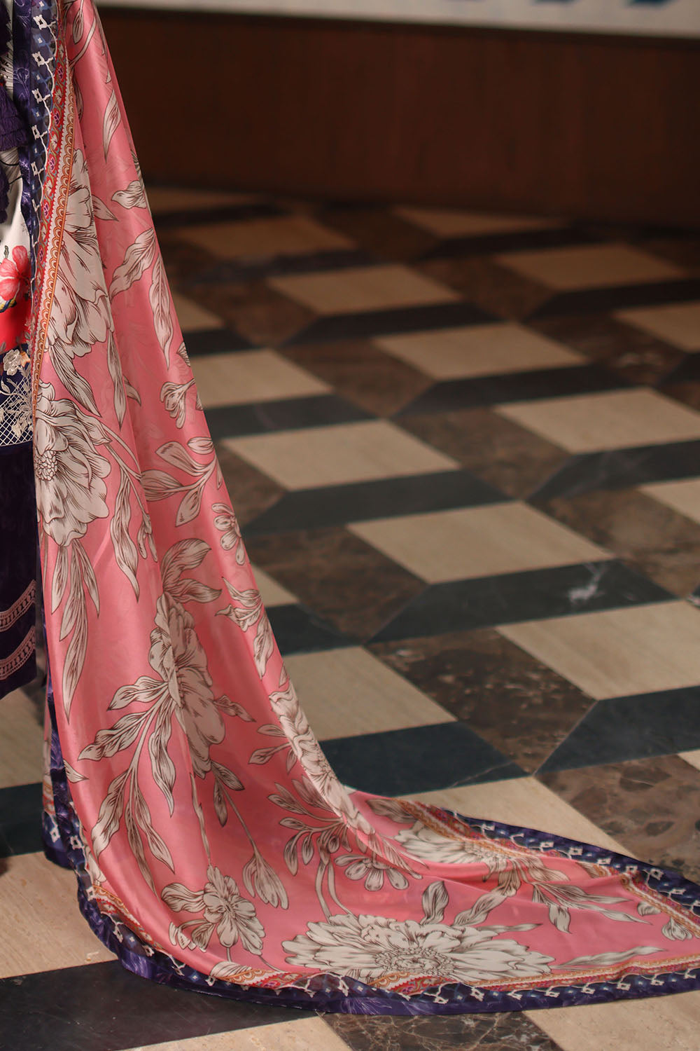 3 Piece Printed Charmeuse Silk Suit with Embroidered Organza Details and Printed Tissue Silk Dupatta