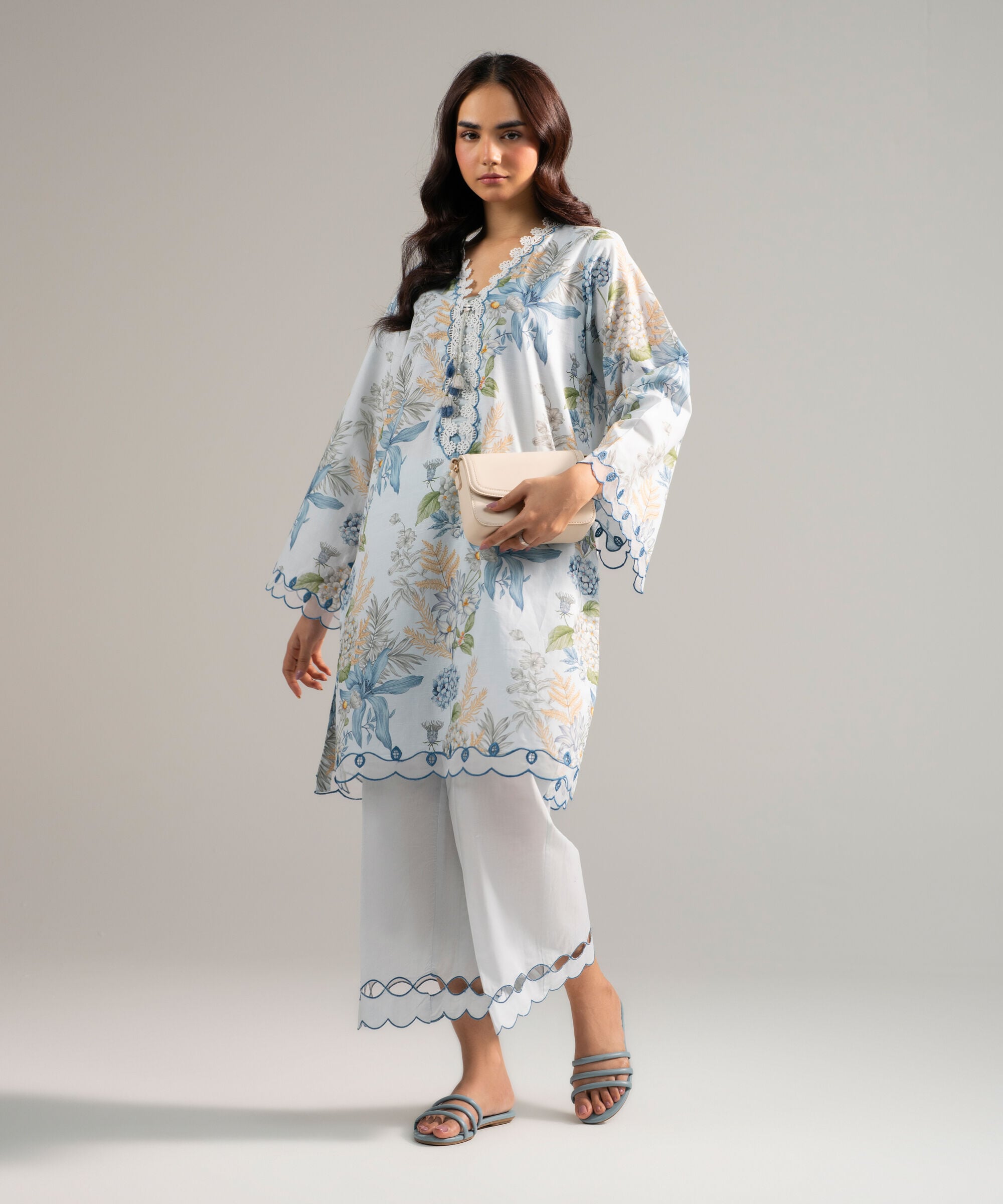 Women's RTW Slub Lawn Embroidered Light Blue 2 Piece Suit