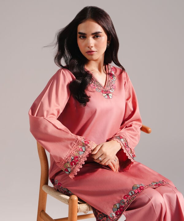 2 Piece - Embroidered Cotton Satin Suit