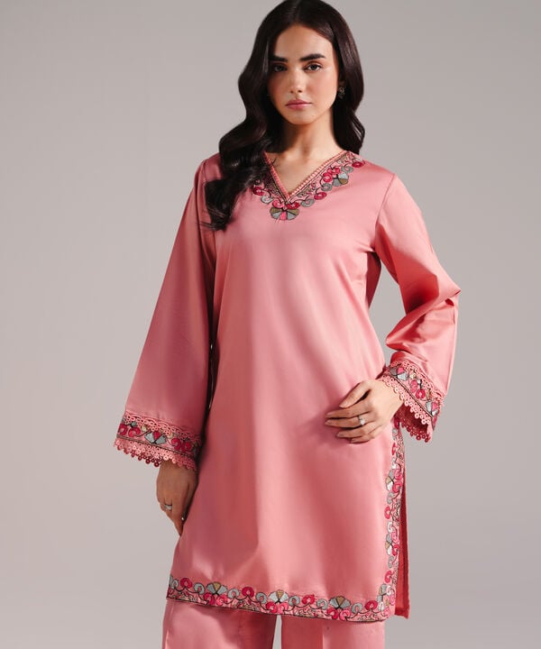 2 Piece - Embroidered Cotton Satin Suit