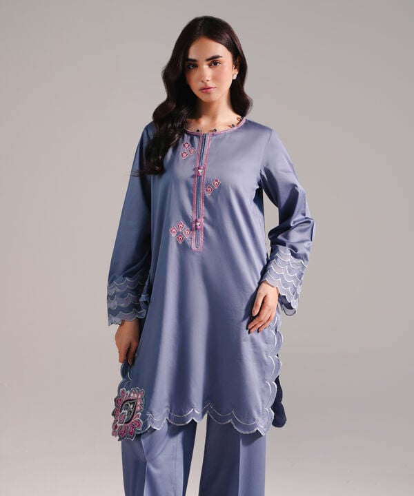 2 Piece - Embroidered Cotton Satin Suit