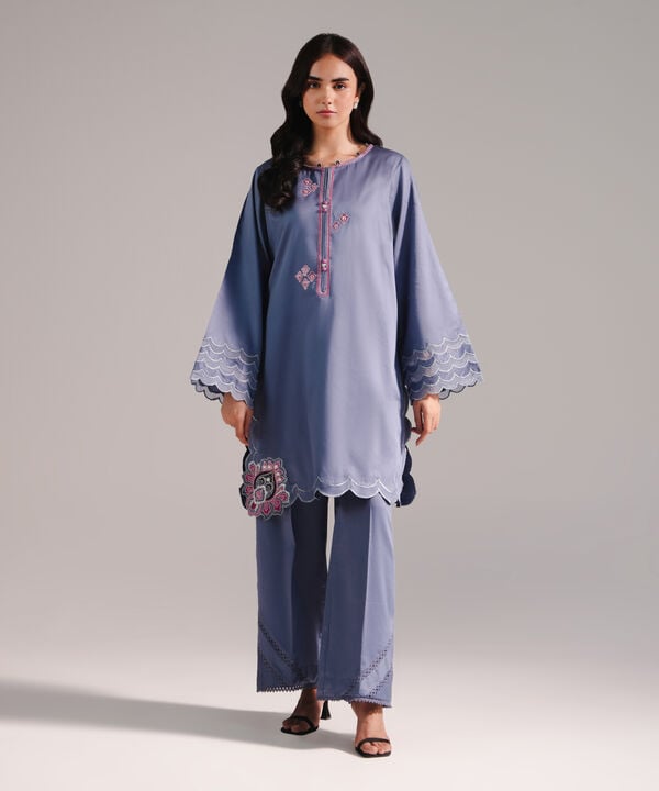 2 Piece - Embroidered Cotton Satin Suit