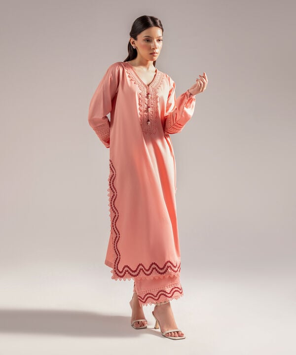 2 Piece - Embroidered Cotton Satin Suit