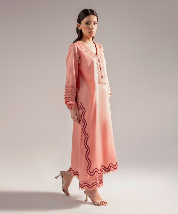 2 Piece - Embroidered Cotton Satin Suit