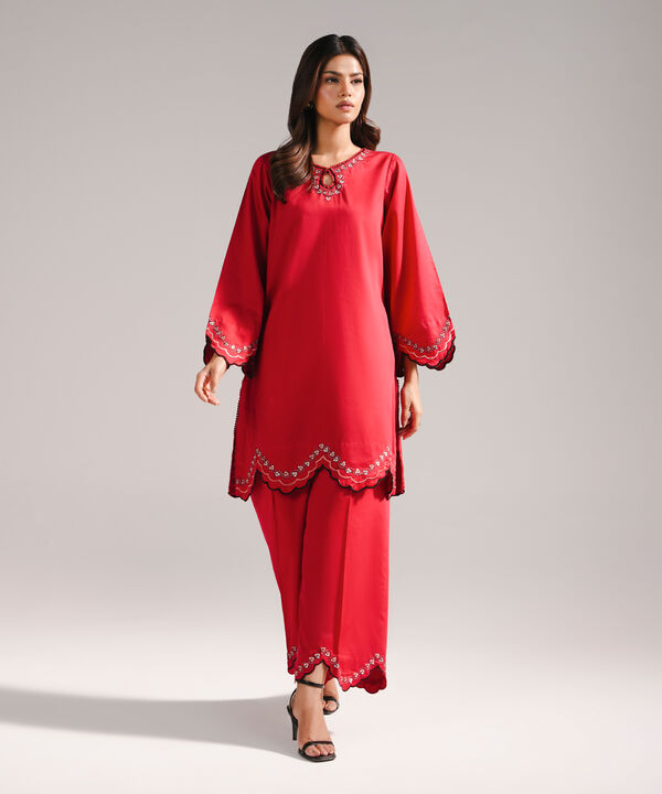 2 Piece - Embroidered Cotton Satin Suit