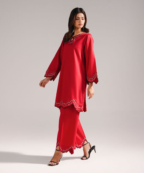 2 Piece - Embroidered Cotton Satin Suit