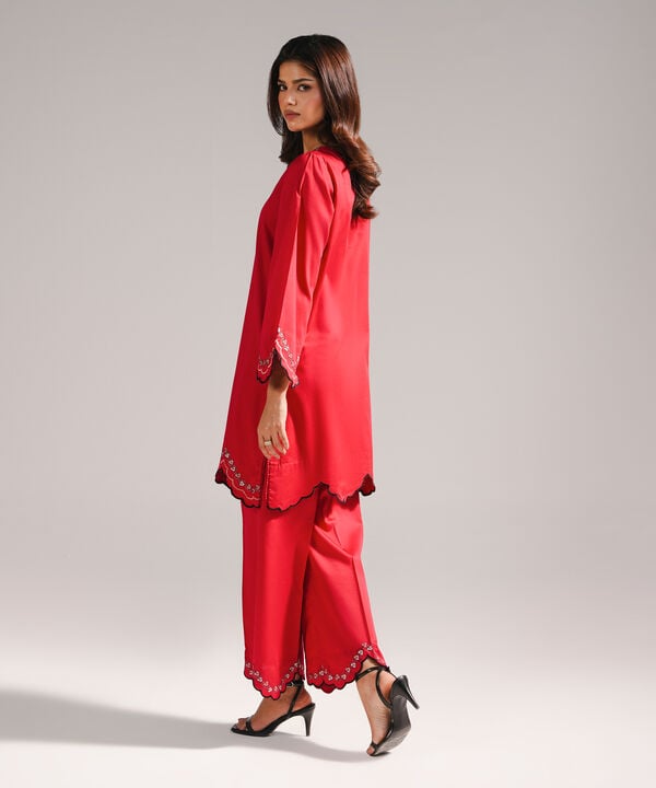 2 Piece - Embroidered Cotton Satin Suit