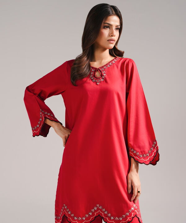 2 Piece - Embroidered Cotton Satin Suit