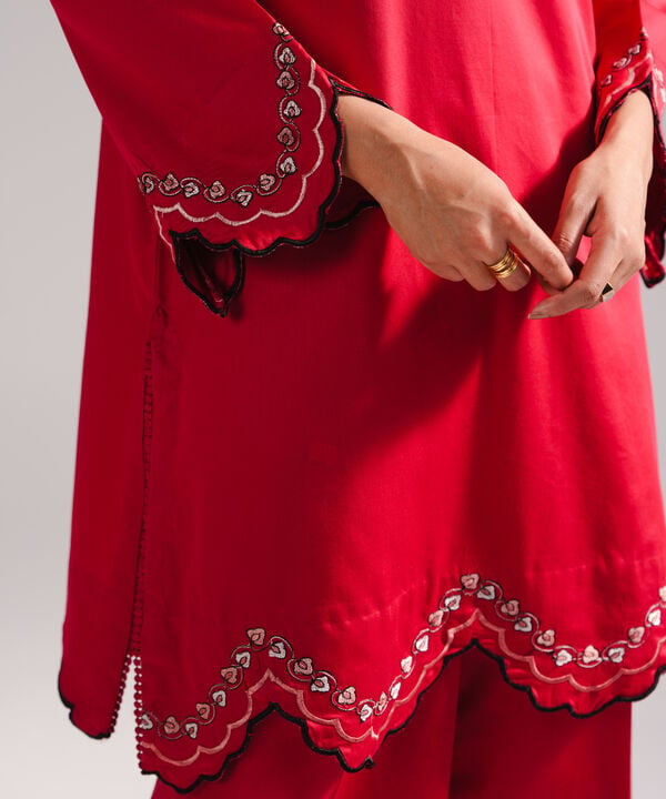 2 Piece - Embroidered Cotton Satin Suit