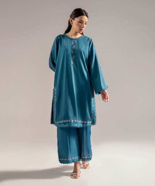 2 Piece - Embroidered Cotton Satin Suit