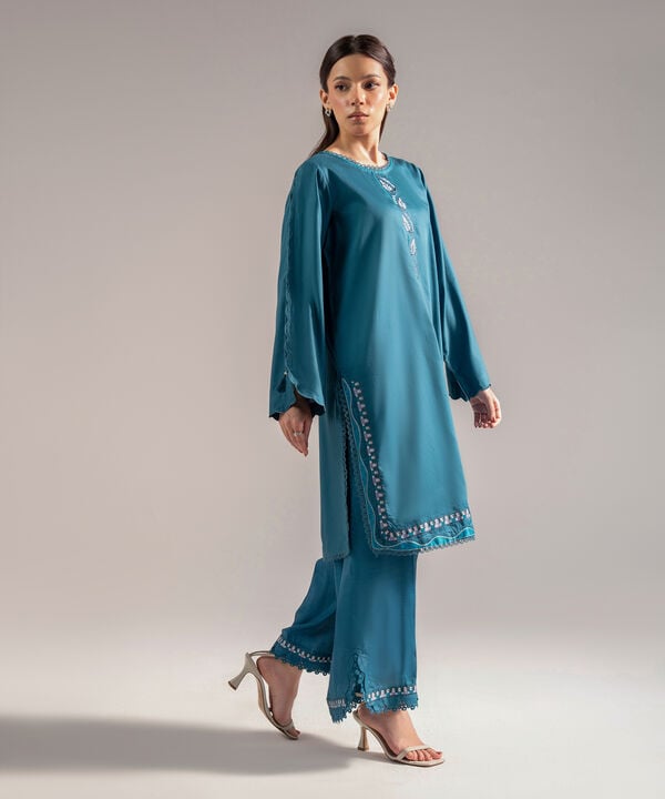 2 Piece - Embroidered Cotton Satin Suit