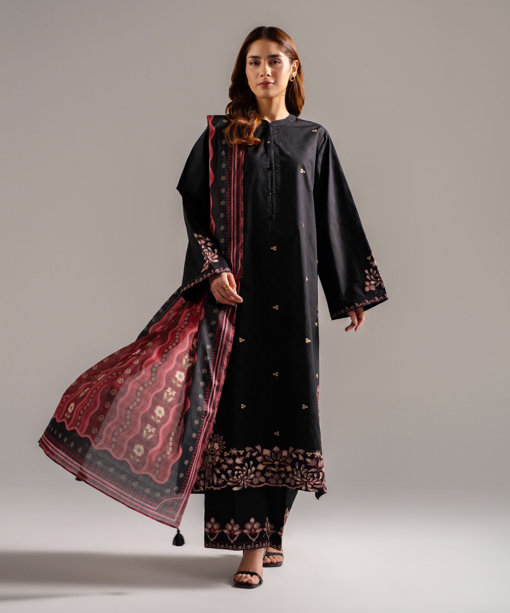 Women's RTW Self Jacquard Embroidered Black 3 Piece Suit
